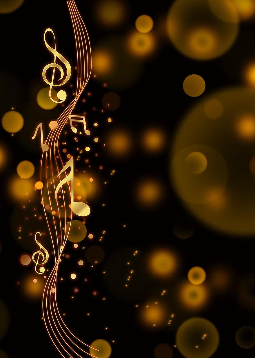 Music, Bokeh, Background, Musical Notes, Sound, Melody, Treble Clef, Gold, Pattern, Decorative