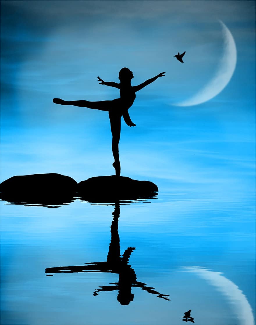 šokėja, atspindys, vanduo, dangus, mėnulis, šokis, mergina, moterys, scenoje, naktis, baletas