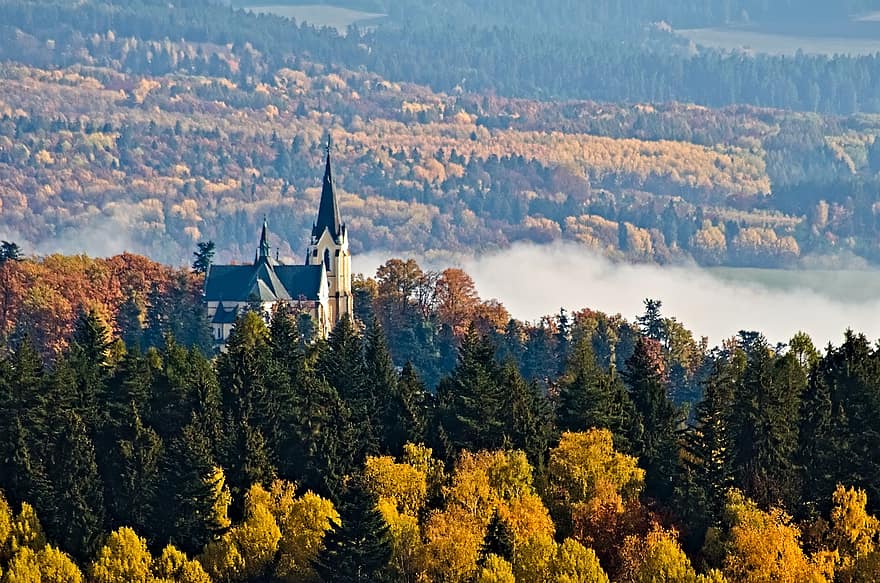 церковь, памятник, башня, туман, облака, небо, осень, поездка, атмосфера, Levoča, архитектура