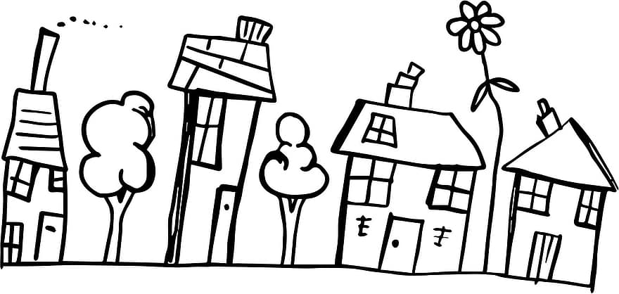 Street, Houses, Buildings, Architecture, Doodle, Cartoon, Village, Home, Housing, Residential, Landscape