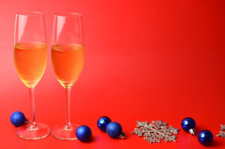 Natal, presentes, inverno, vermelho, xícaras, champanhe, celebração, esferas, ano Novo, decoração, copo de bebida