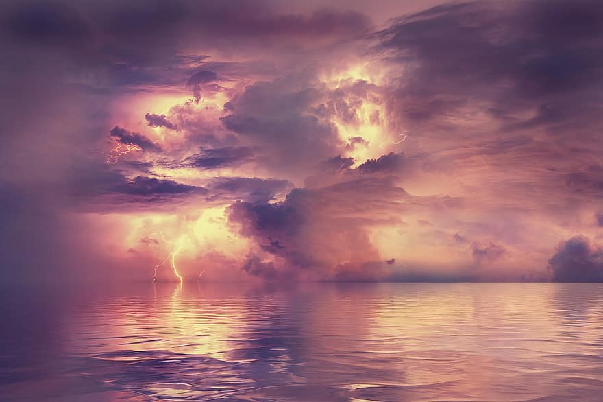 marinmålning, storm, blixt-, hav, vatten, horisont, molnig himmel