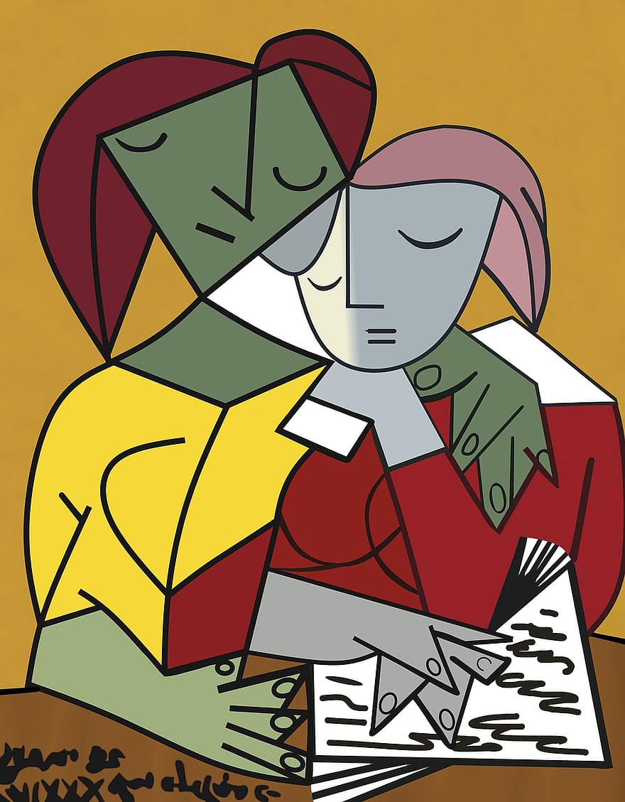 Pablo Picasso, Two Girls Reading, Painting, Art, Replica, illustration, vector, men, cartoon, women, design