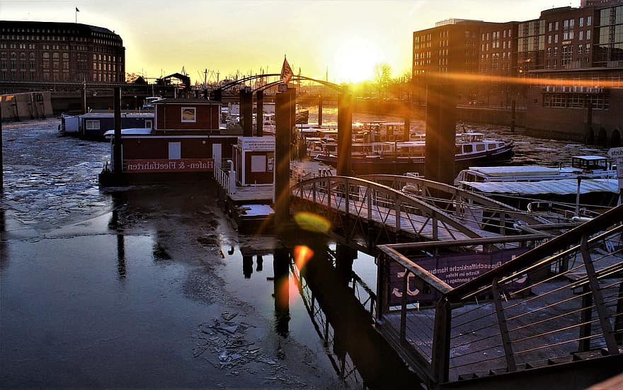 Hafen, Speicherstadt, Sonnenuntergang, Hamburg, Deutschland