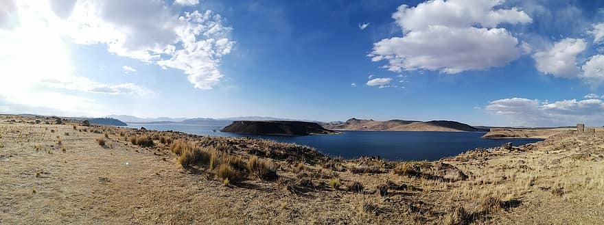 シルスタニ、ペルー、ウマヨ湖、風景、パノラマ、青、夏、水、山、雲、空