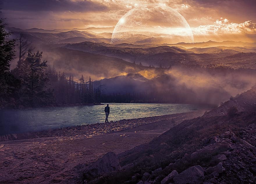 человек, ходьба, горы, туман, деревья, озеро, путь, Луна, заход солнца, сюрреалистичный, фантастика