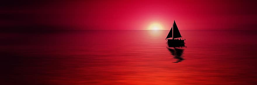 solnedgang, hav, seilbåt, silhouette, båt, bølge, vann, horisont, sol, sollys, himmel