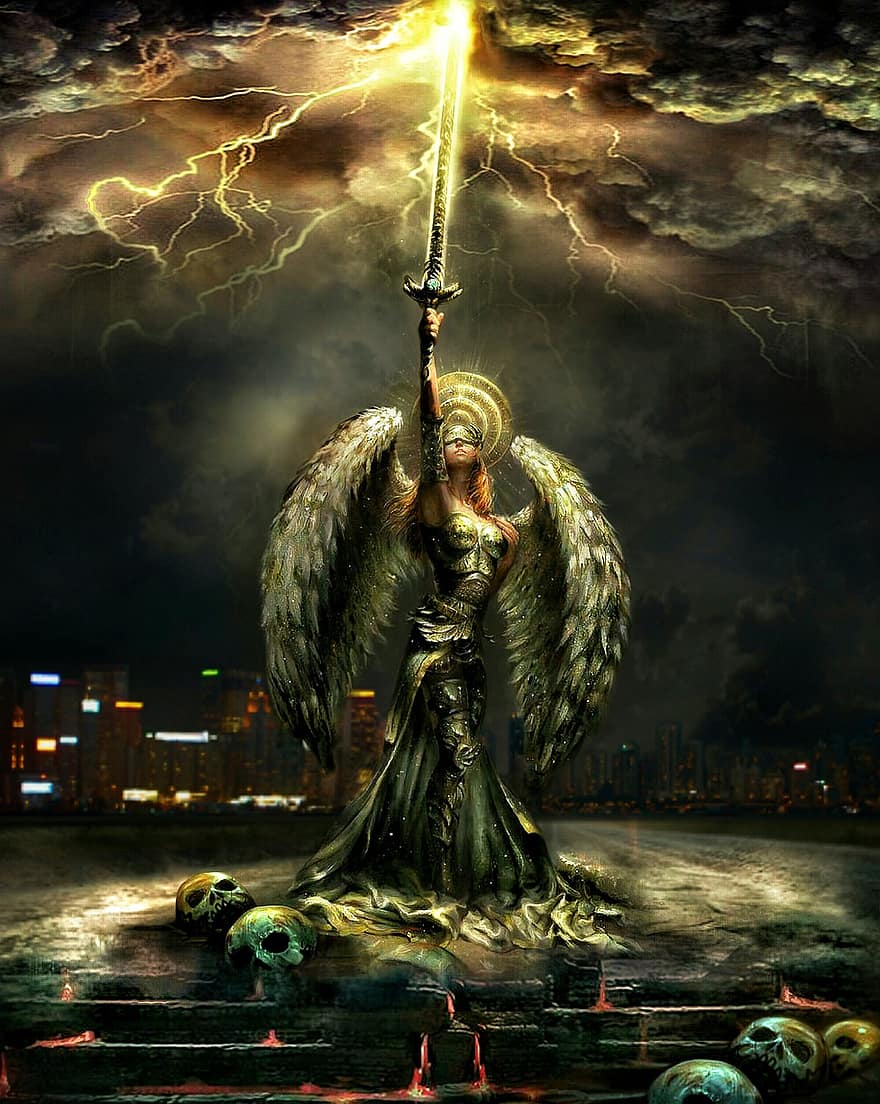kvinna, ängel, vingar, karaktär, svärd, brand, brinnande, skelett
