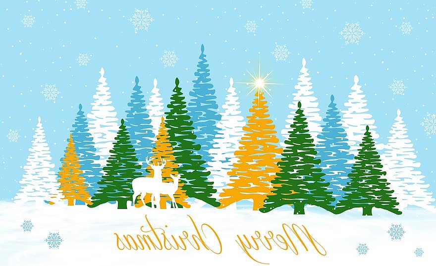 god jul, hilsen, årstid, tema, julemotiv, jul, julekort, julehilsener, vinter, furutrær, jule tid