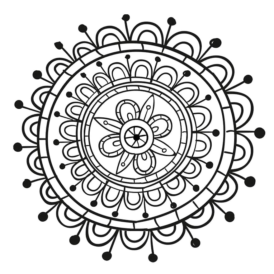 Mandala, piirrellä, käsi, drawn, piste, design, kukka-, kuvio, piirustus, väritys, aikuinen