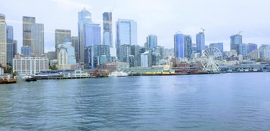 Seattle, Washington, orizzonte, paesaggio urbano, edifici, fiume