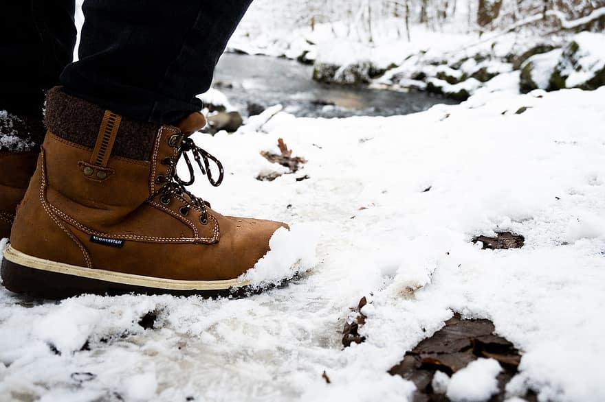 zasněžený, zimní obuv, zimní nálada, boty, obuv, zimní móda, jinovatka, snowscape, zimní, řeka, sníh