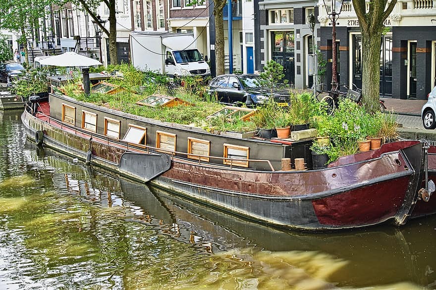lakóhajó, Amszterdam, keskeny hajó, csatorna, utazás