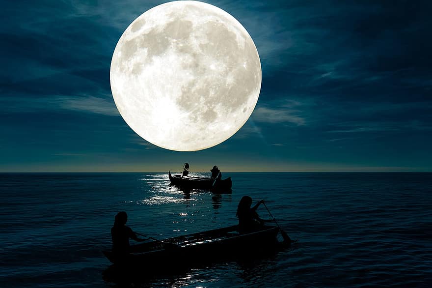 ocean, måne, både, silhuetter, lys, måneskin, fuldmåne, vand, række, roning, robåde