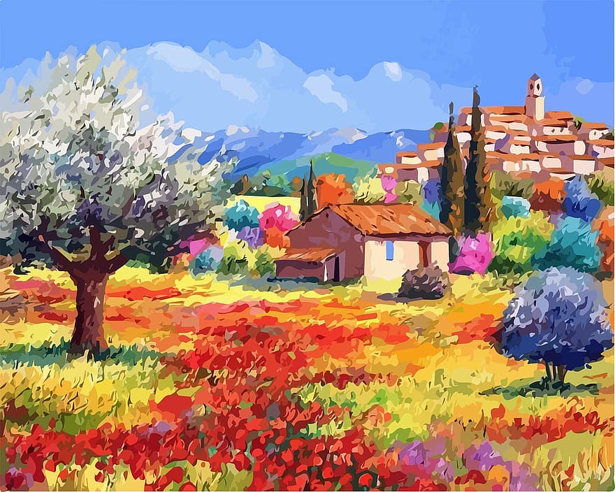 natureza, campo, pintura a óleo, pintura, Cidade, aldeia, casa, Prado, flores, panorama, beleza