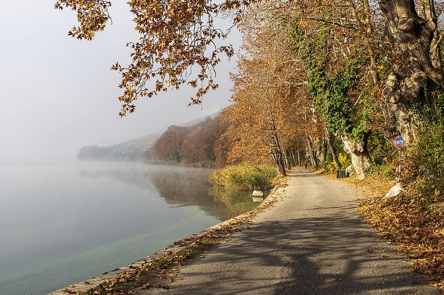 tó, sétány, ősz, Görögország, öszi szezon, kastoria, esik
