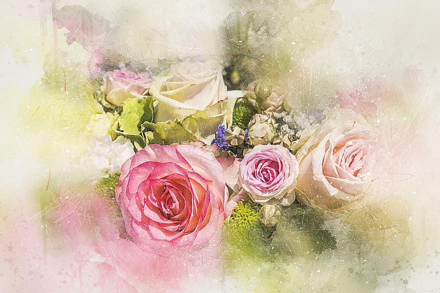 ziedi, rozes, pušķis, māksla, kāzas, akvarelis, vintage, krāsains, pavasarī, romantisks, mākslinieciski