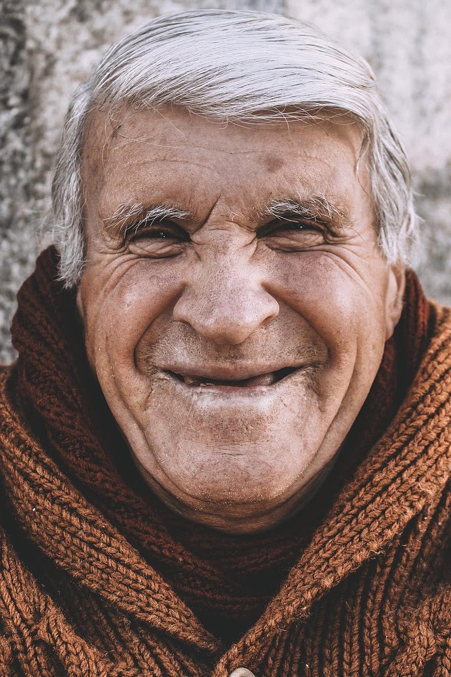 Man, Elder, Senior, Old Man, White Hair, Smile, Happiness, Happy, Laughing, Laughter, Portrait