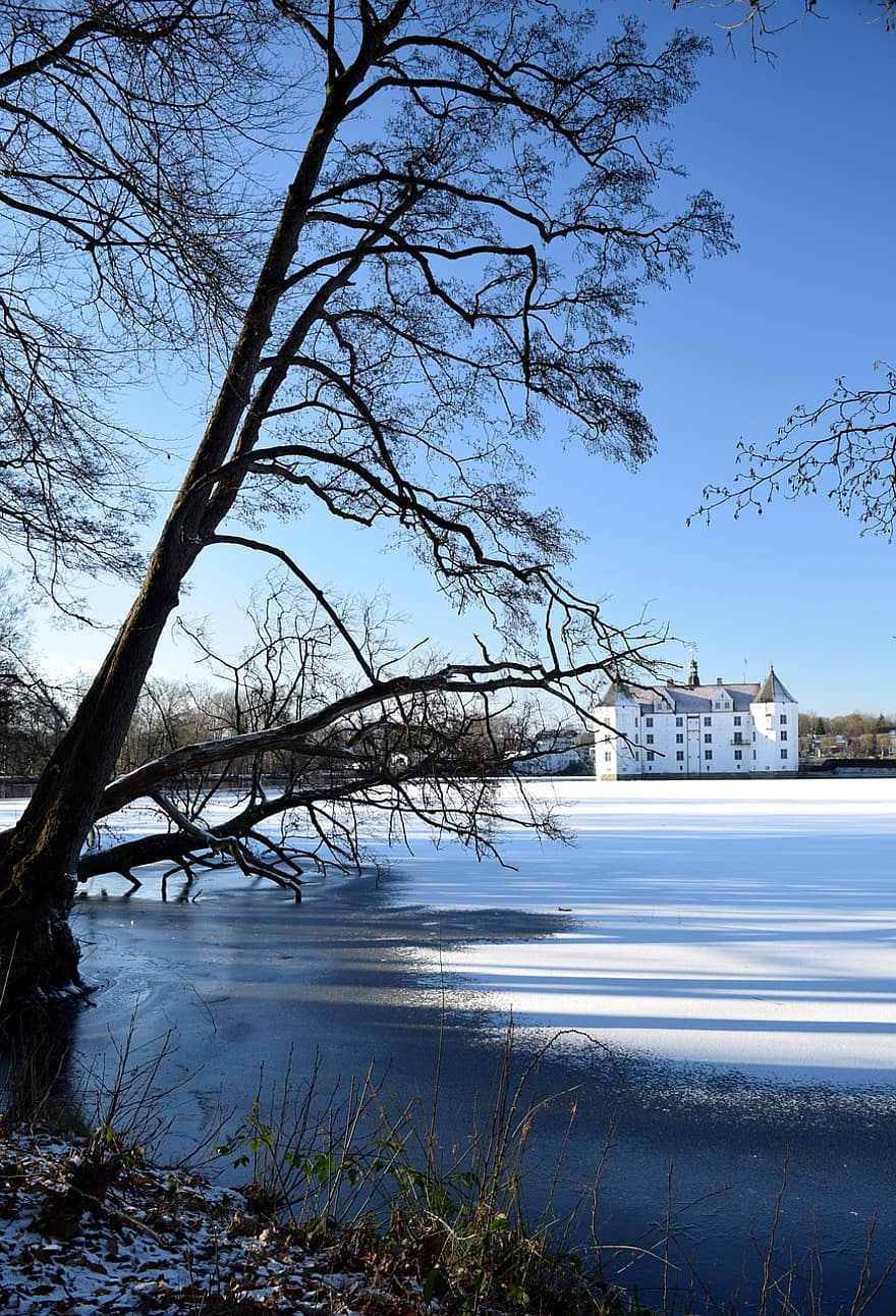 замък, крепост, сграда, езерце, сняг, Glücksburg, Мекленбург