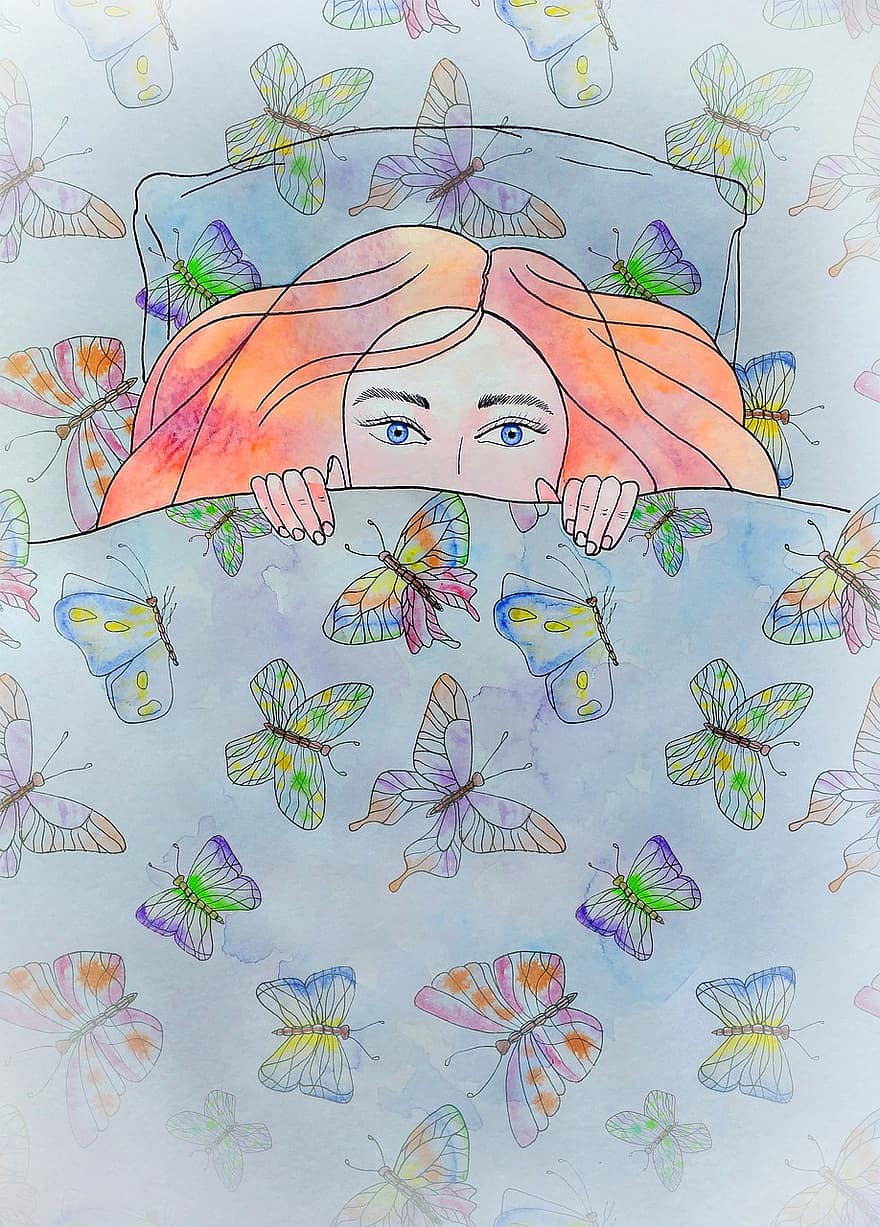 pige, seng, tæppe, pip, sommerfugle, Under Tæppet, søvn, Vågn op, hyggelig, øjne, hår