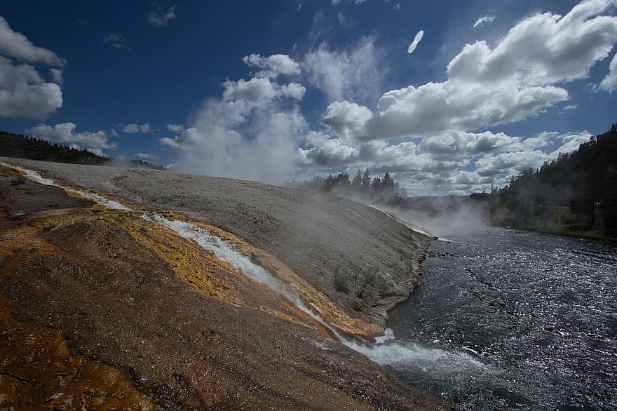 piedra amarilla, naturaleza, vapor, primavera, agua, cuenca del géiser, volcánico, Parque Nacional Yellowstone