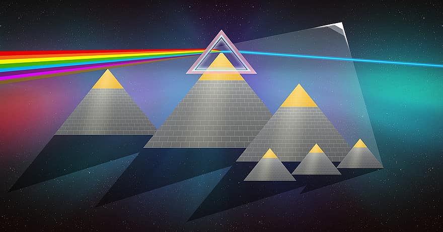 piramis, prizma, háromszög, szín, szivárvány, színkép, futurisztikus, jövő, sci fi, tech, technológia