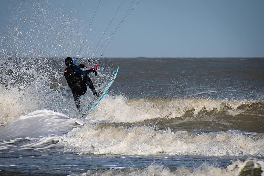 kite surf, mer, vagues, kitesurfer, le surf, sport d'eau, sport, kiteboarder, activité, sports extrêmes, Hommes