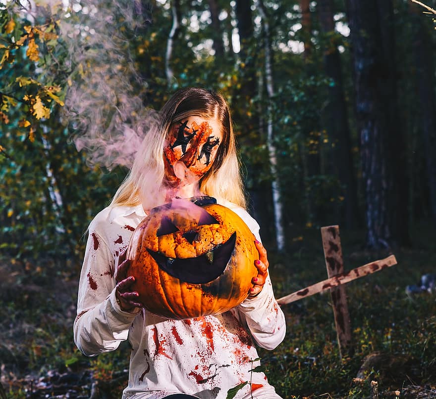 Tree, Halloween, Forest, Nature, Pumpkin, Colors, Horror, Blood, Scary, Orange, Red