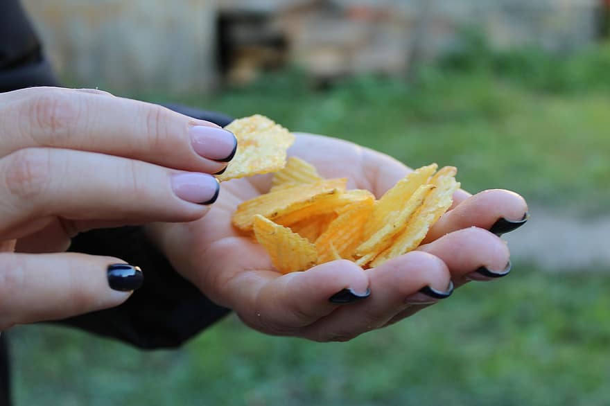Chips, Food, Hand, Snack, Eat, human hand, close-up, women, freshness, holding, yellow