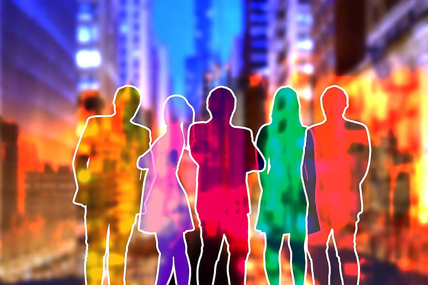 Staff, Team, Silhouettes, Group, City, Blurry, Shadow, Colorful