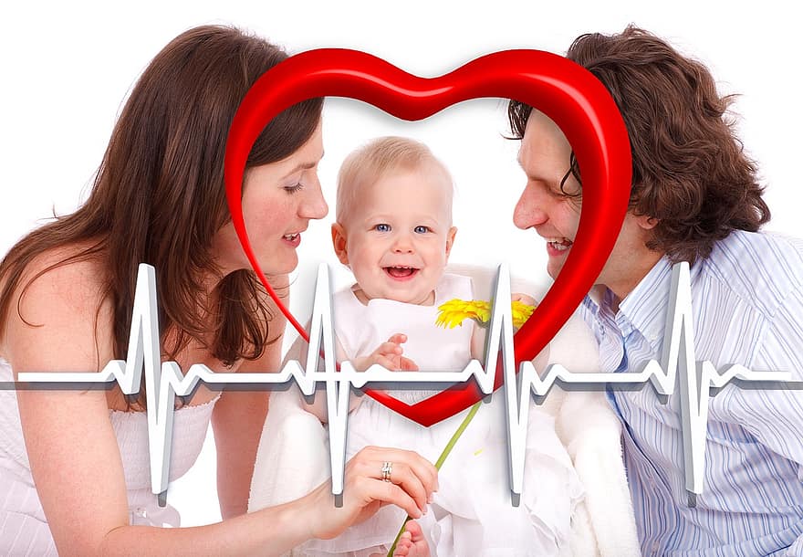 familj, hjärta, hälsa, puls, hjärtfrekvens, skydd, vård, undersökning, medicinsk, läkare, bebis