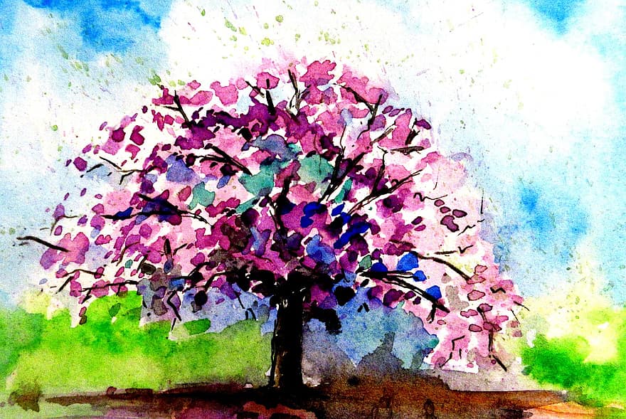 bengaluru, Bangalore, Indija, karnataka, akvarelis, Akvareļu ilustrācija, koks, ziedošs koks, pavasarī, ziedi, rozā