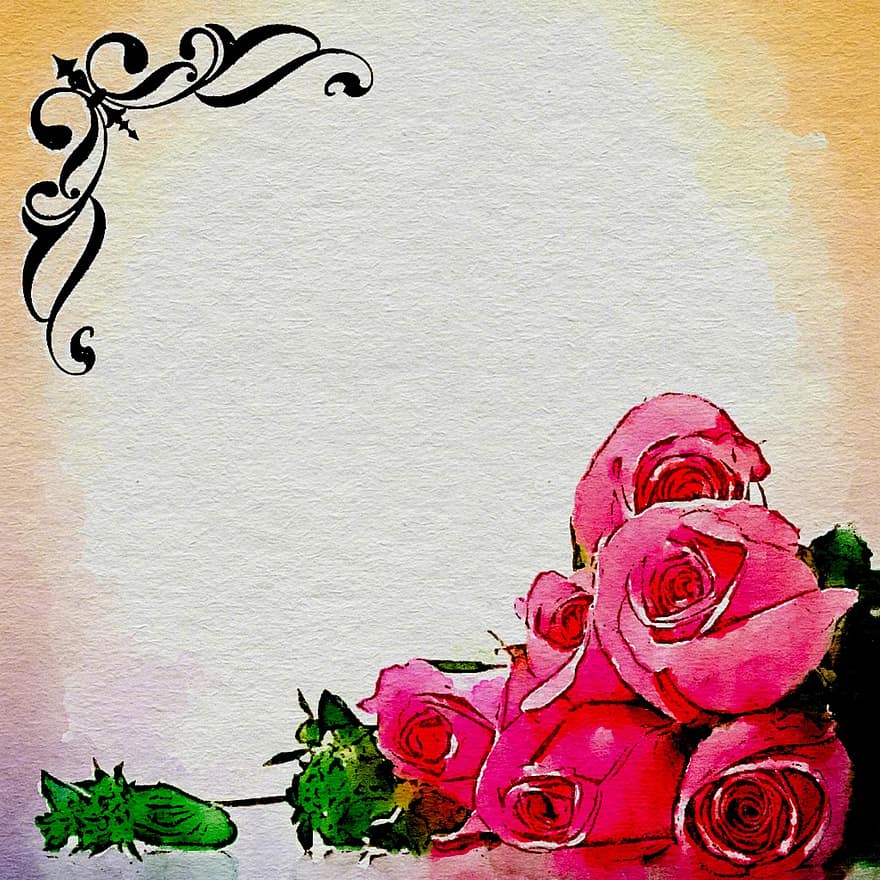 akvarelė, gėlės, derliaus, rožės, akvarelės tapyba, skaitmeninė tapyba, fonas, kadras, sienos, gėlių rėmelis, gėlių siena