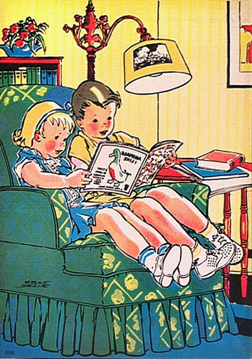 děti, retro, čtení, 1950 styl, portrét, roztomilý, bratr, sestra, sourozenci, spolu, sladký