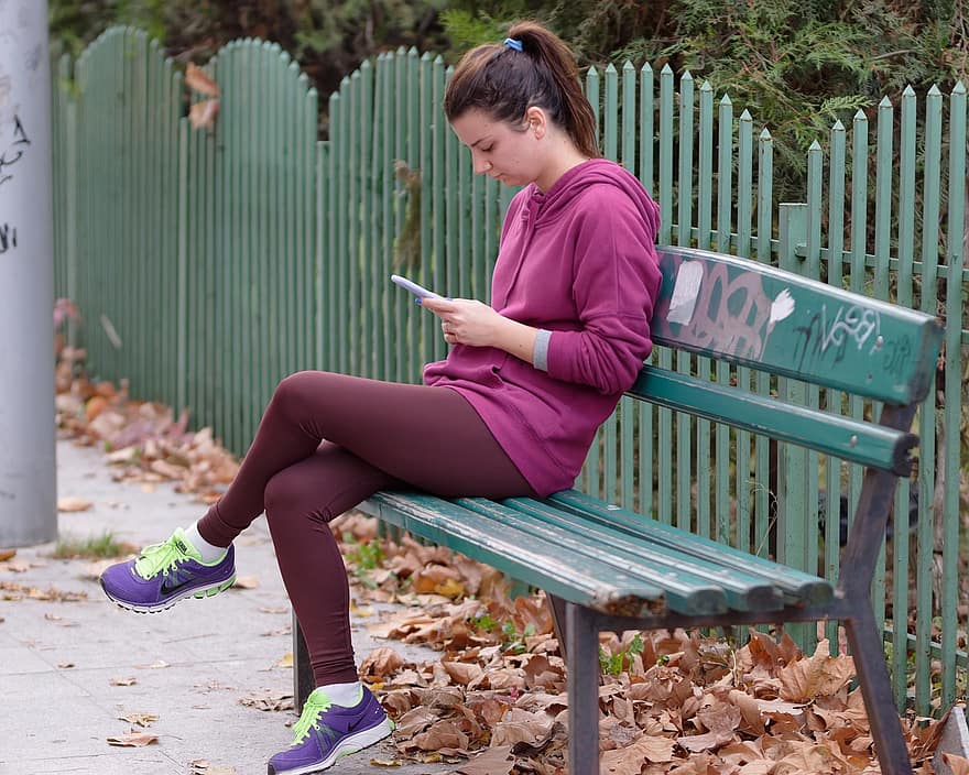 Woman, Smartphone, Street, Park Bench, Autumn