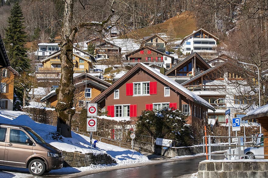 talot, kylä, talvi-, lumi, kaupunki, rakennukset, arkkitehtuuri, tie, auto, Engelberg, vuori