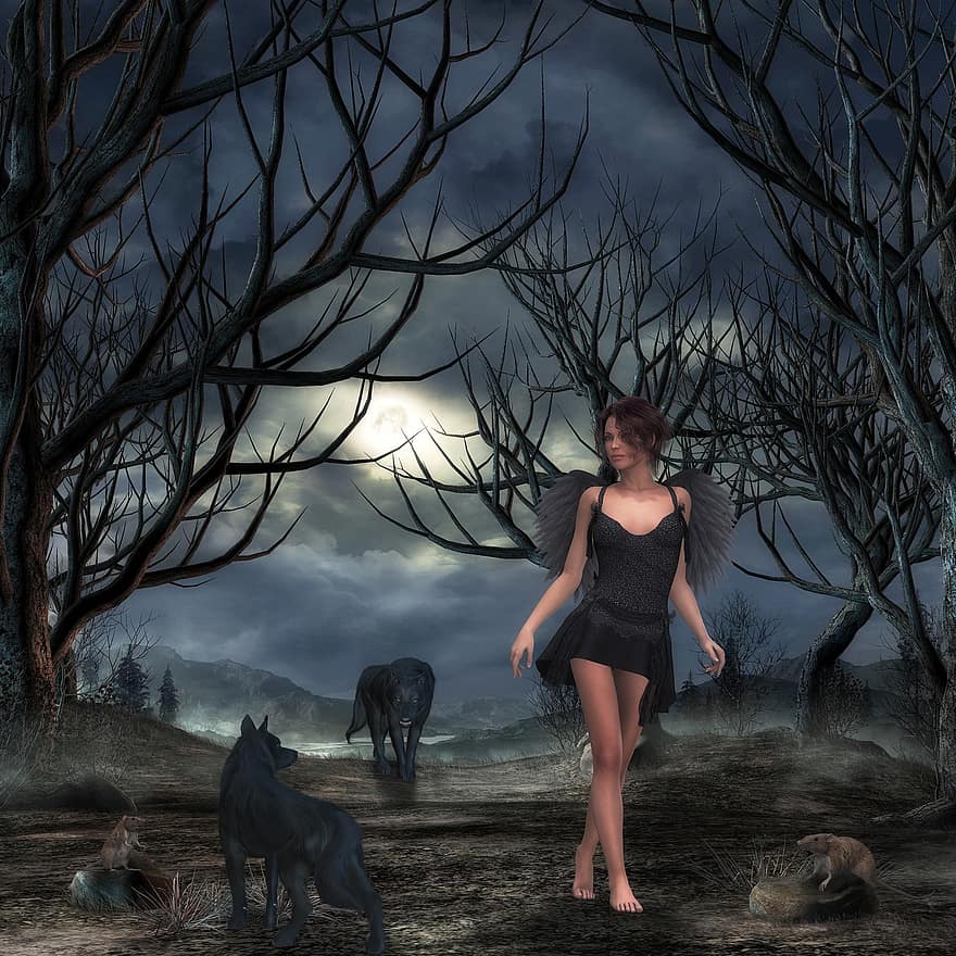 Fantasy, Woman, Wolves, Rat, Angel, Black Engel, Forest, Trees, Composing, Mystical, Mysterious