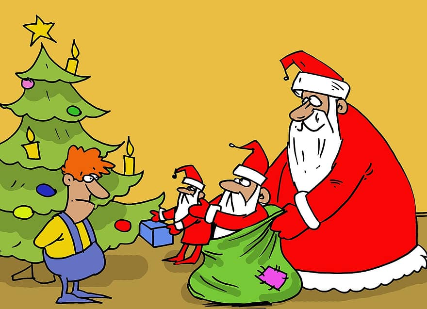 Papai Noel, presente, Natal, feriados, árvore de Natal, surpresa, humor, ilustração, celebração, temporada, desenho animado