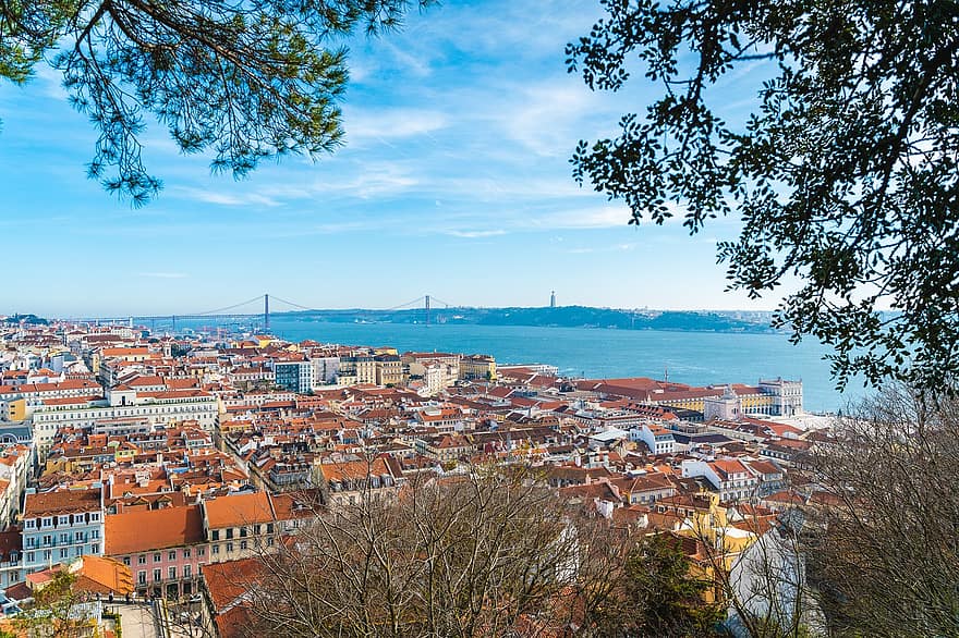 város, épületek, szomszédság, városi, Óváros, történelmi, házak, vízparton, Alfama, Lisszabon