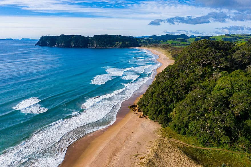 плаж, океан, крайбрежие, пясък, плаж с топла вода, вода, природа, бряг, брегова линия, панорамен, нова Зеландия