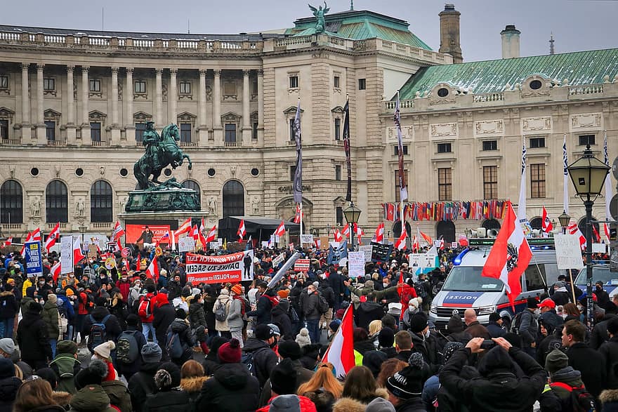 coroană, protest, Viena, politică, politie, monument, mașină, oraș