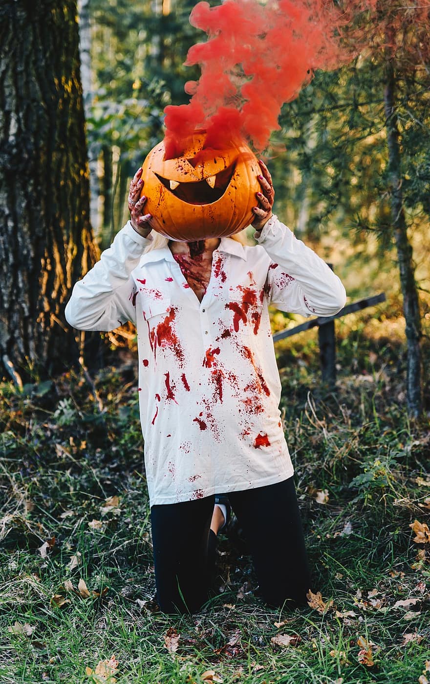 Хэллоуин, лес, природа, тыква, цвета, фильм ужасов, кровь, страшно, оранжевый