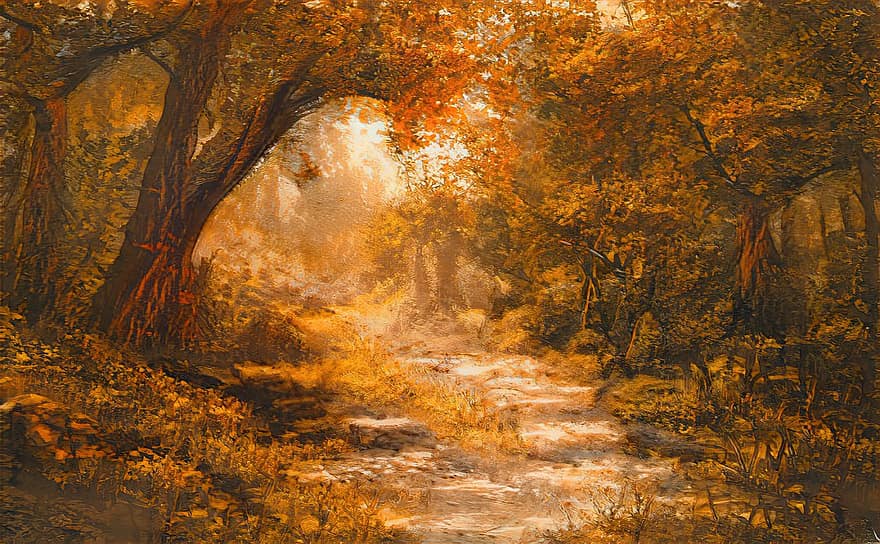 гора, есен, пътека, горска живопис, природа, пейзаж, дигитално изкуство, произведения на изкуството, есенния сезон, красив пейзаж, залез