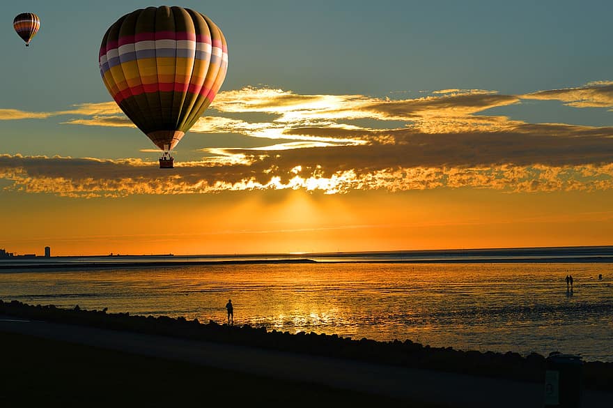 solnedgang, luftballoner, balloner, ride, sjovt, eventyr, vind, horisont, hav, himmel, skyer