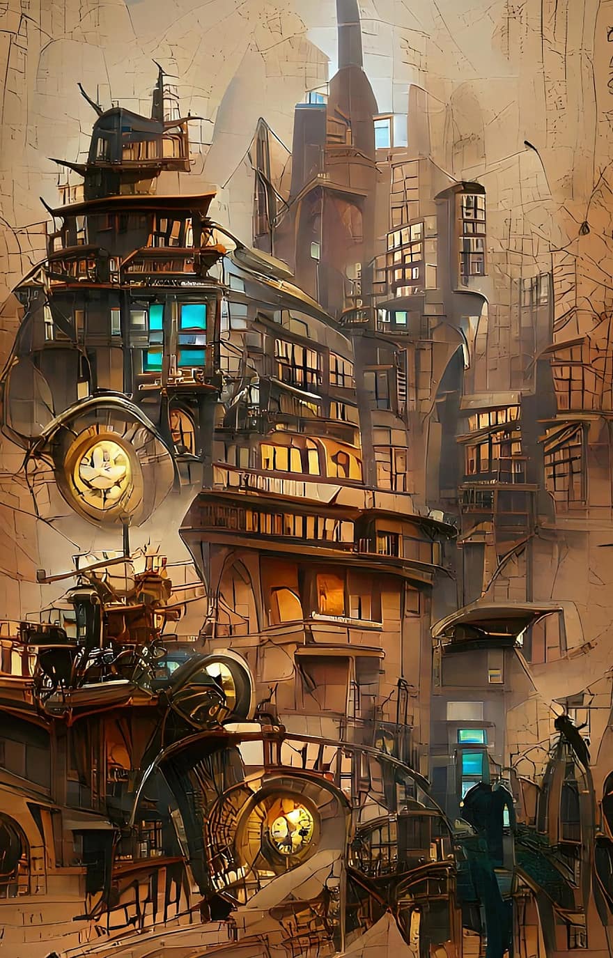 steampunk, cidade, rua, fantasia, indústria, noite, máquinas, arquitetura, fábrica, tecnologia, indústria de construção
