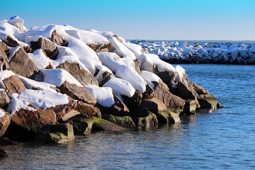 zimowy, śnieg, morze Bałtyckie, morze, pokryte śniegiem