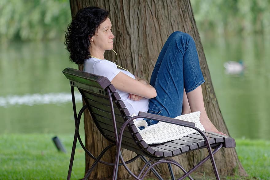 Staff, Woman, Relaxing, Bench, Parka, Lakeshore, Tree, Naturally, sitting, relaxation, one person