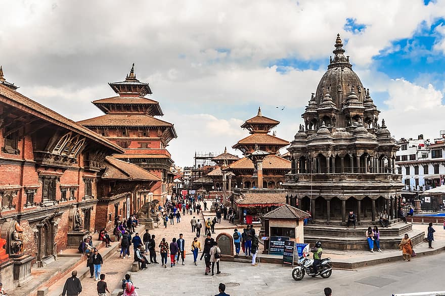 寺院、宮殿、ダーバースクエア、通り、人、観光、都市、ランドマーク、パタン、ネパール、カトマンズ