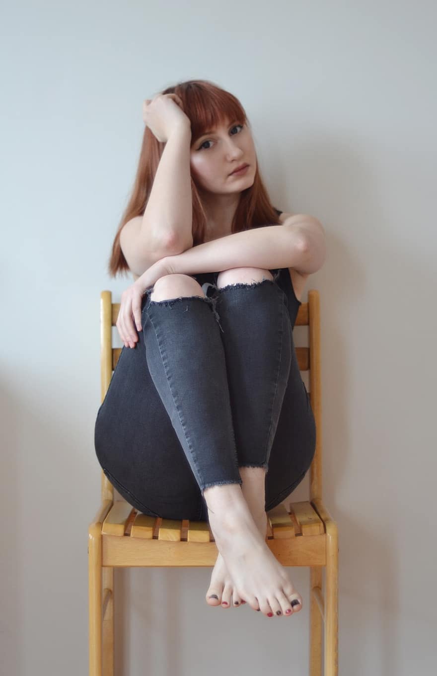 Girl, Teen, Sitting, Cozy, Jeans, Barefoot, Woman, Teenager, Comfortable, Chair, Redhead
