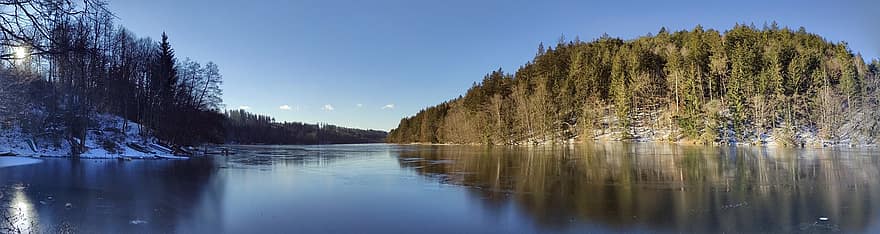 Panorama, Lake, Trees, Woods, Forest, Woodlands, Snow, Winter, Frozen, Frozen Lake, Landscape